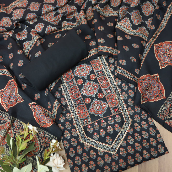 Prisha Ebony Black Patra Work Yoke Ajrakh Print Muslin Set