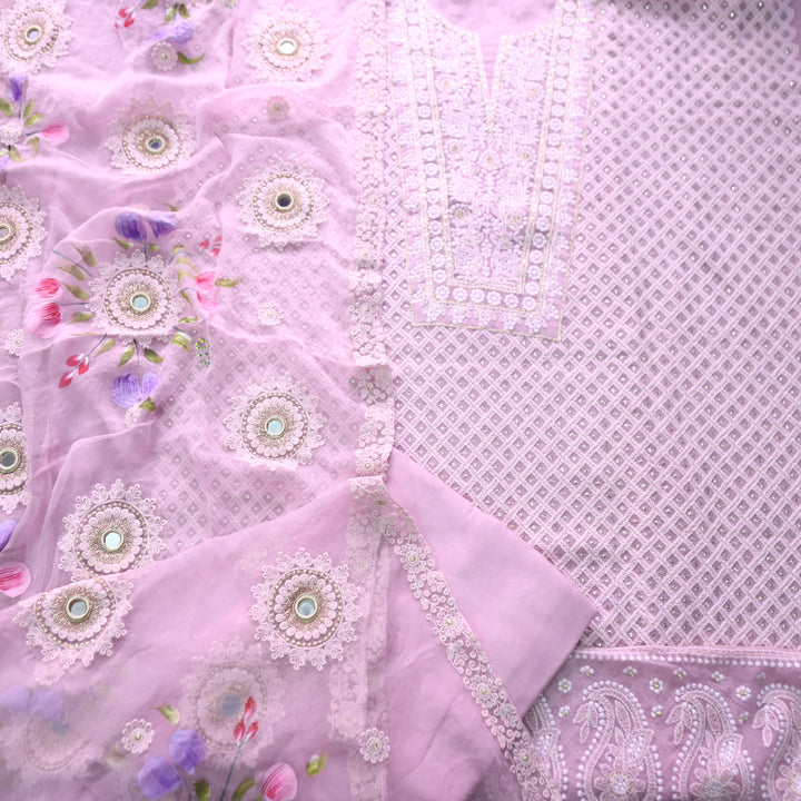 Nushrat Petal Lilac All Over Thread Work Georgette Suit Set