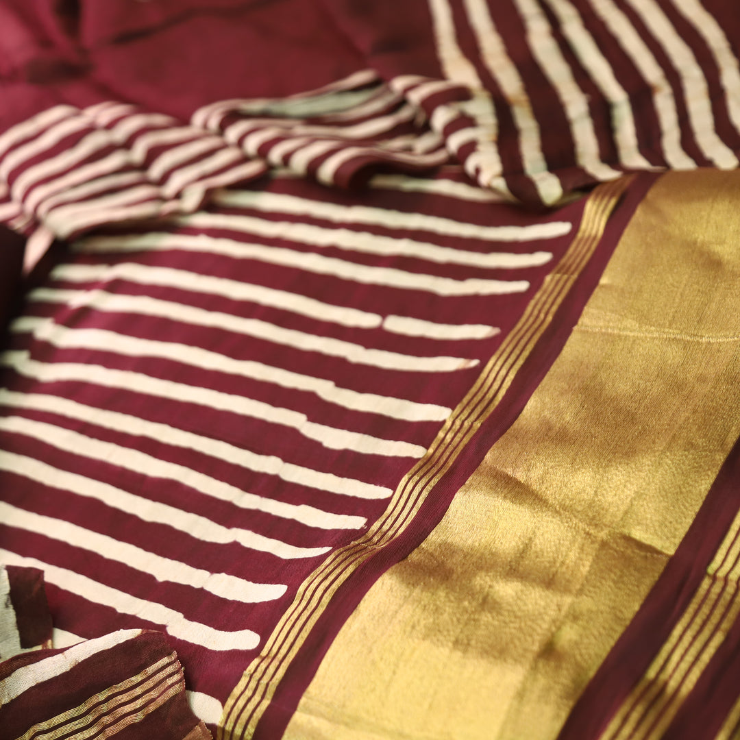 Sadafq Maroon Stripe Print Brocade Woven Hem Jam Satin Set