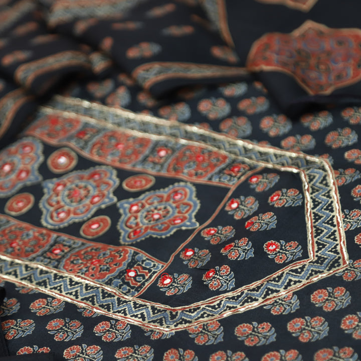 Prisha Ebony Black Patra Work Yoke Ajrakh Print Muslin Set