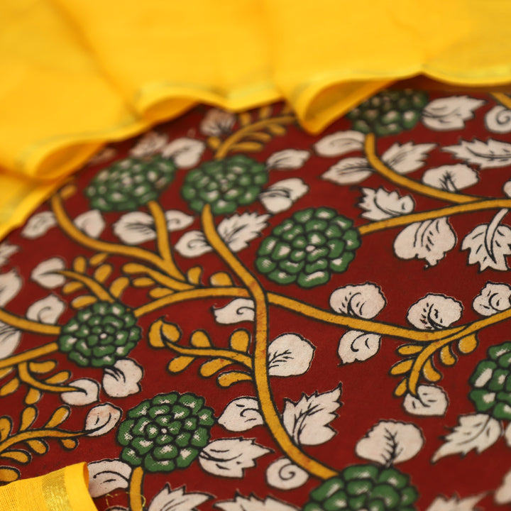Vashudhara Maroon Red All Over Floral Kalamkari Printed Work South Cotton Set