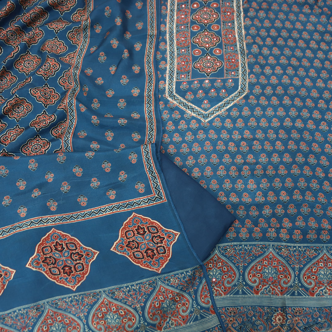 Prisha Sapphire Blue Patra Work Yoke Ajrakh Print Muslin Set