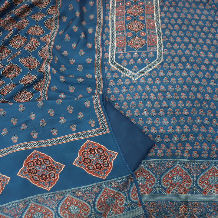 Prisha Sapphire Blue Patra Work Yoke Ajrakh Print Muslin Set