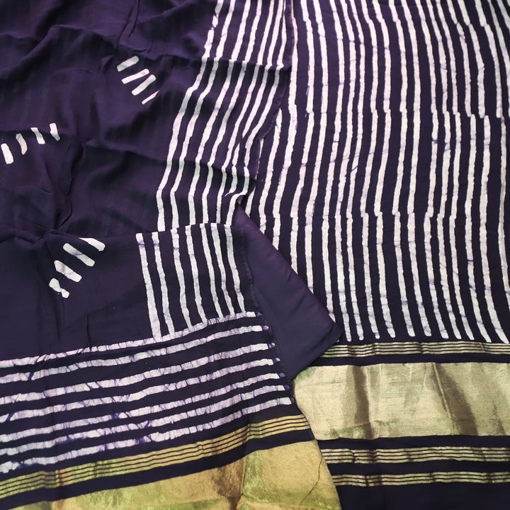 Sadafq Navy Blue Stripe Print Brocade Woven Hem Jam Satin Set