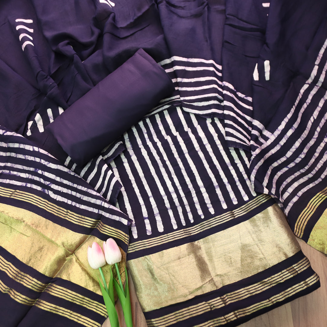 Sadafq Navy Blue Stripe Print Brocade Woven Hem Jam Satin Set