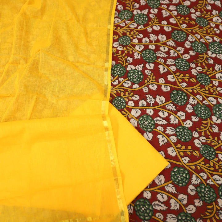 Vashudhara Maroon Red All Over Floral Kalamkari Printed Work South Cotton Set