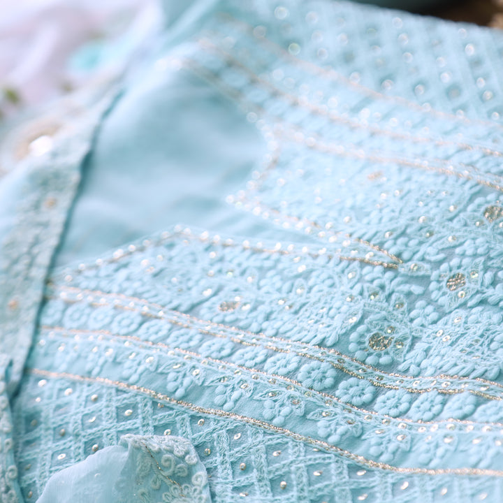 Nushrat Powder Blue All Over Thread Work Georgette Suit Set