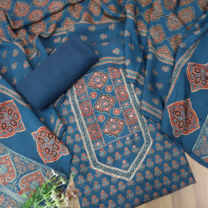 Prisha Sapphire Blue Patra Work Yoke Ajrakh Print Muslin Set