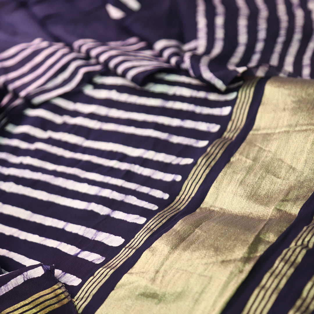 Sadafq Navy Blue Stripe Print Brocade Woven Hem Jam Satin Set