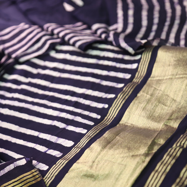 Sadafq Navy Blue Stripe Print Brocade Woven Hem Jam Satin Set