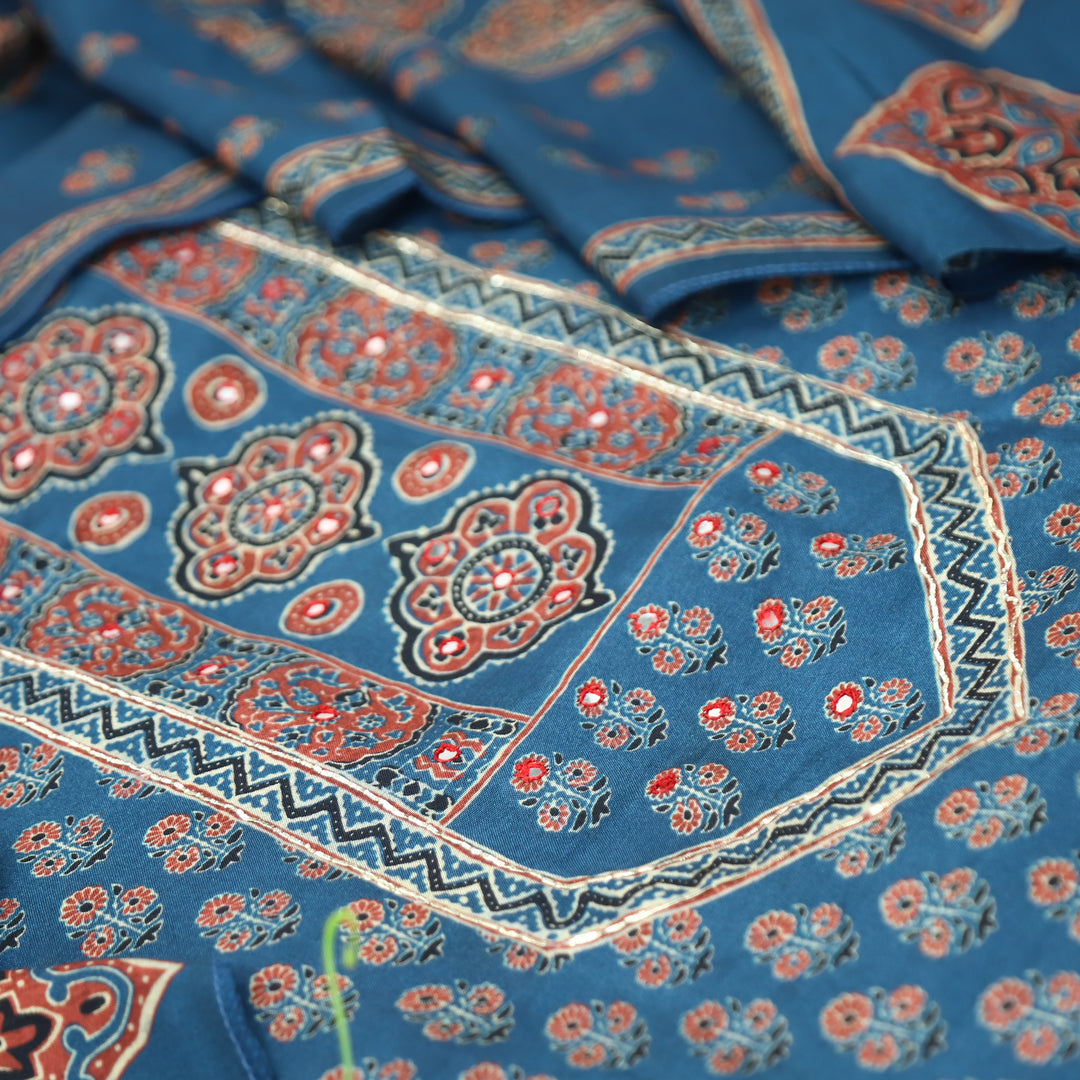 Prisha Sapphire Blue Patra Work Yoke Ajrakh Print Muslin Set