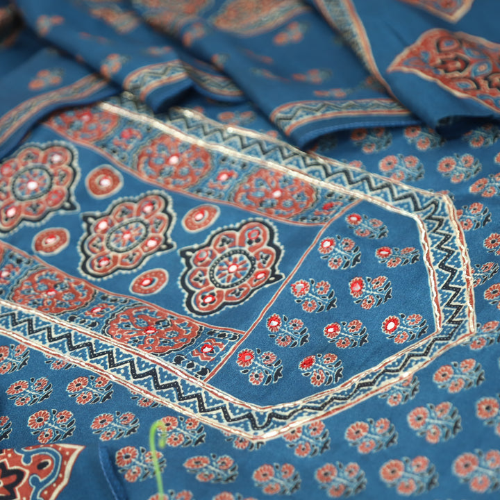 Prisha Sapphire Blue Patra Work Yoke Ajrakh Print Muslin Set