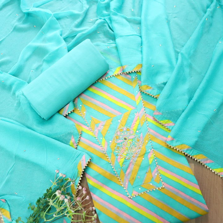 Udaari Blue Green Leheriya Print Embellished Neckline Cotton Set