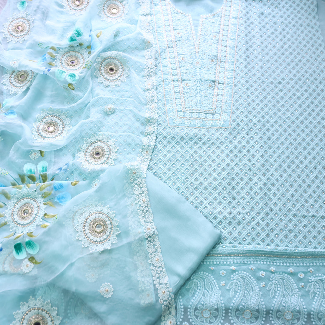 Nushrat Powder Blue All Over Thread Work Georgette Suit Set