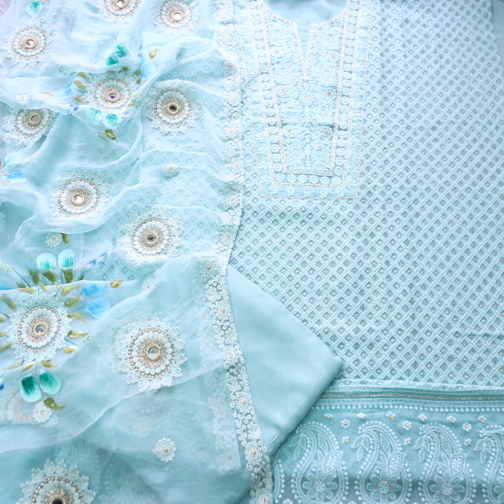 Nushrat Powder Blue All Over Thread Work Georgette Suit Set