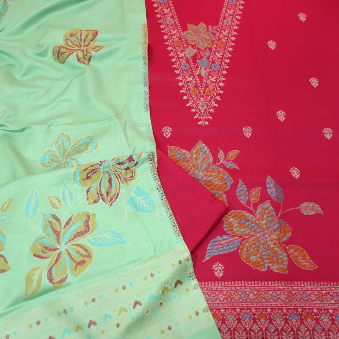 सिलसिला Rani Pink Thread with Zari Neck Work Semi Pashmina Winter Suit Set