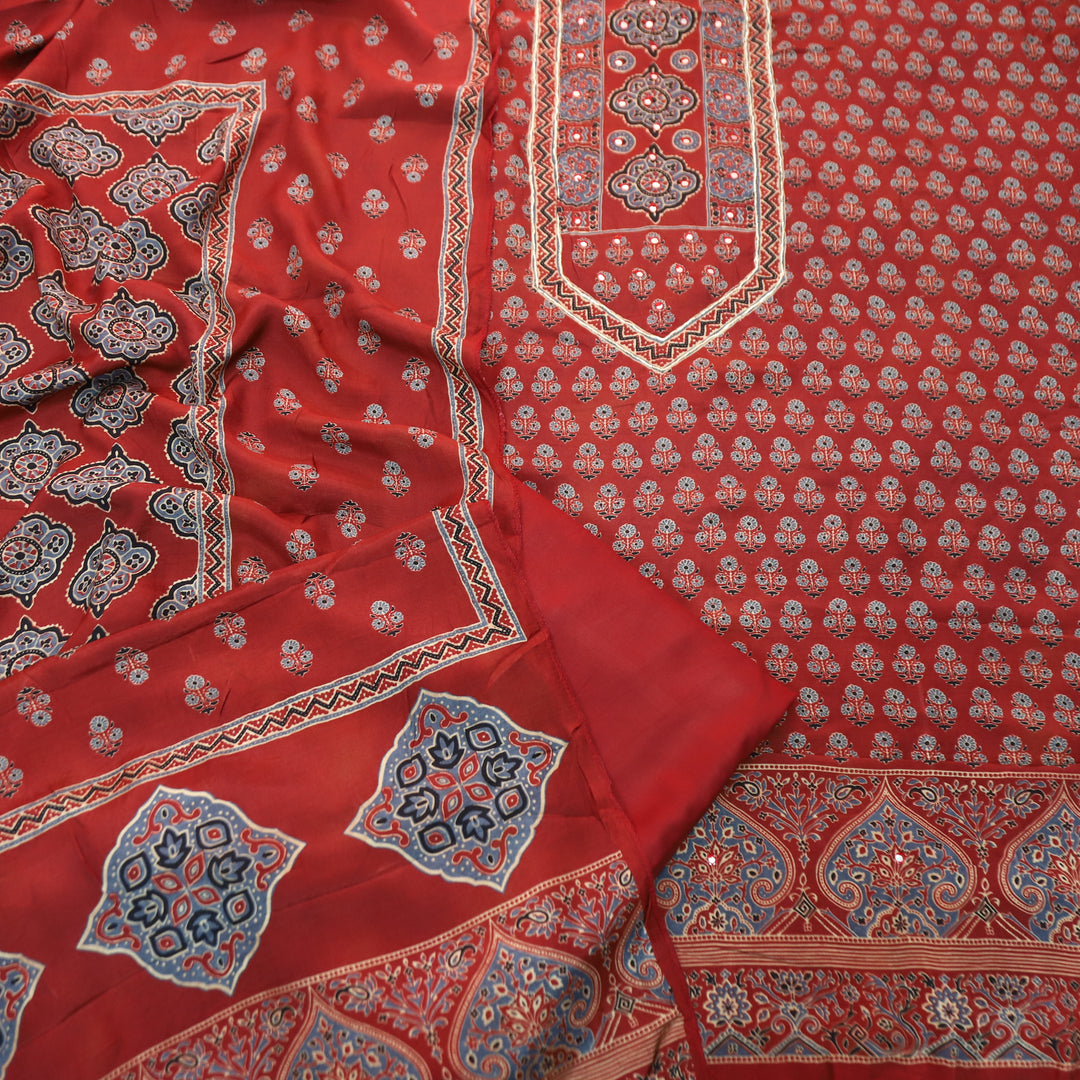 Prisha Cherry Red Patra Work Yoke Ajrakh Print Muslin Set