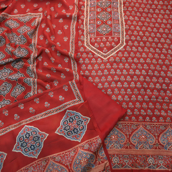 Prisha Cherry Red Patra Work Yoke Ajrakh Print Muslin Set