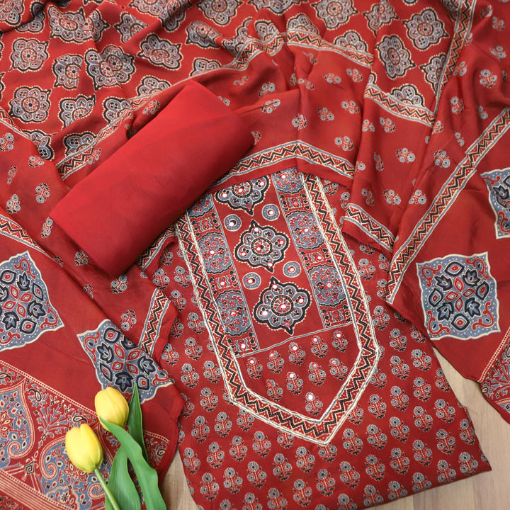 Prisha Cherry Red Patra Work Yoke Ajrakh Print Muslin Set