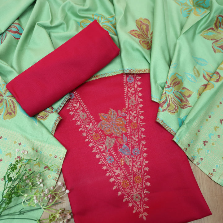 सिलसिला Rani Pink Thread with Zari Neck Work Semi Pashmina Winter Suit Set