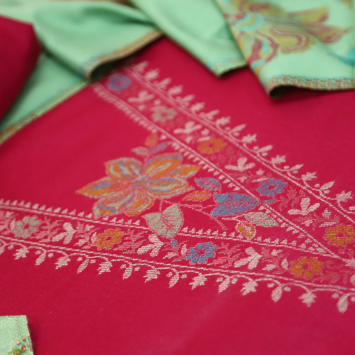 सिलसिला Rani Pink Thread with Zari Neck Work Semi Pashmina Winter Suit Set