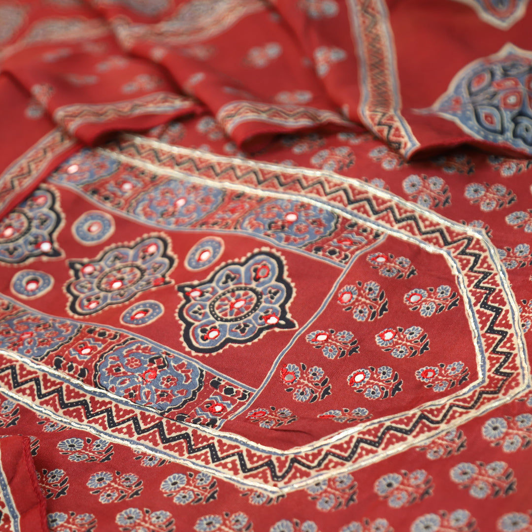 Prisha Cherry Red Patra Work Yoke Ajrakh Print Muslin Set