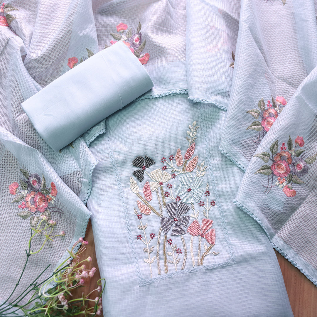 Naveli Powder Blue Moti Work Neck Kota Doriya Suit Set