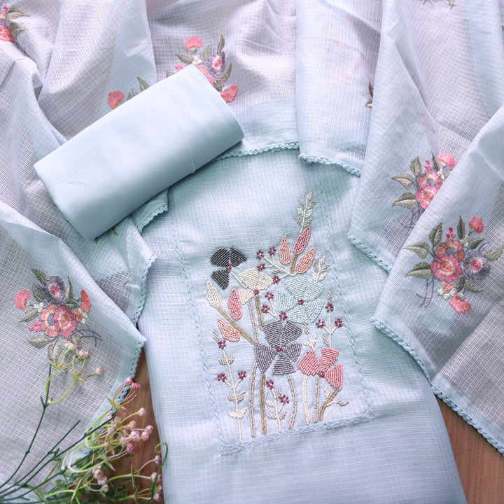 Naveli Powder Blue Moti Work Neck Kota Doriya Suit Set