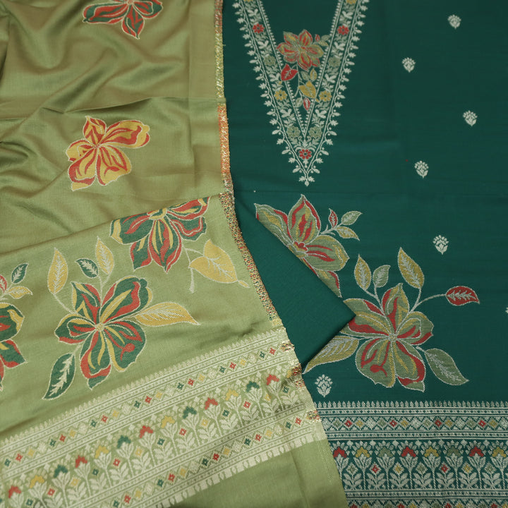 सिलसिला Dark Green Thread with Zari Neck Work Semi Pashmina Winter Suit Set