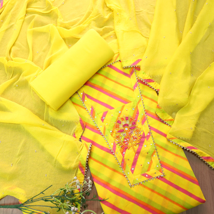Udaari Yellow Leheriya Print Embellished Neckline Cotton Set