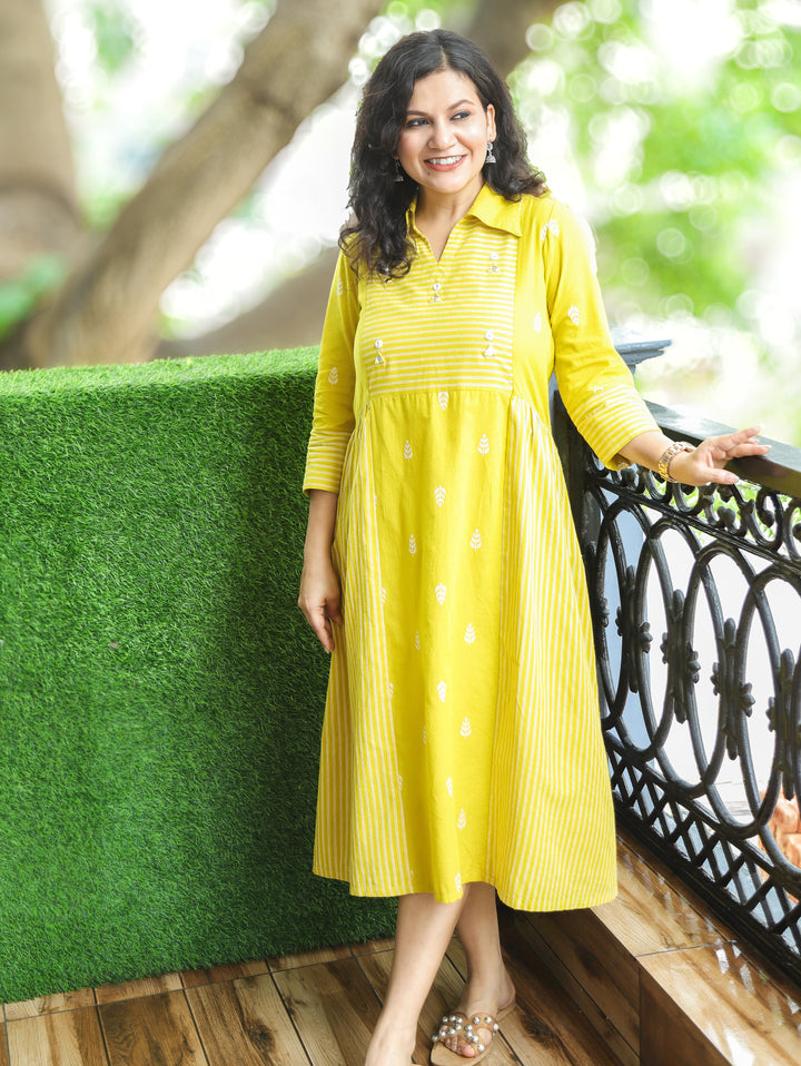 Zaira Yellow Thread Woven Panel South Cotton Dress