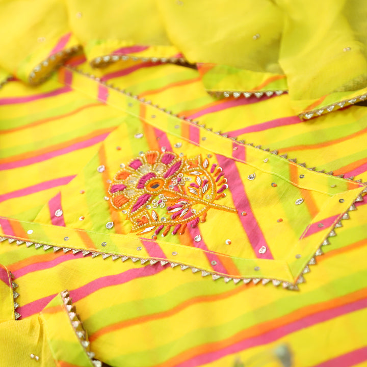 Udaari Yellow Leheriya Print Embellished Neckline Cotton Set