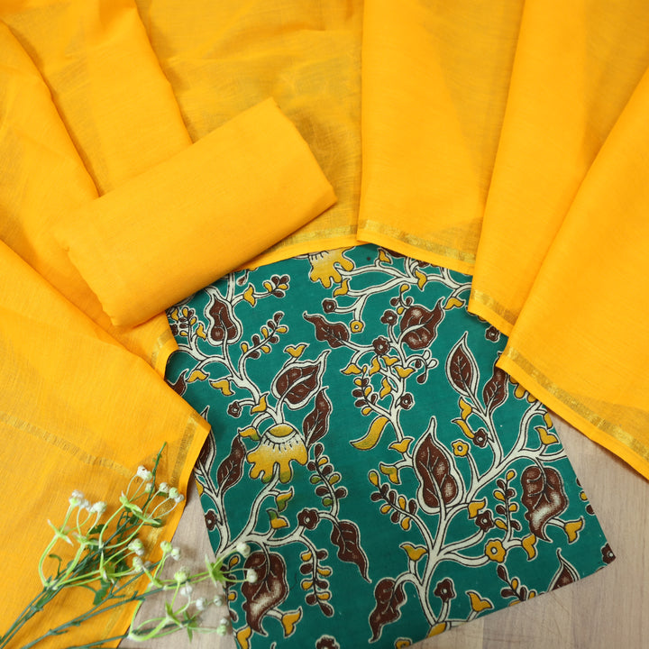 Vashudhara Prussian Teal All Over Floral Kalamkari Printed Work South Cotton Set