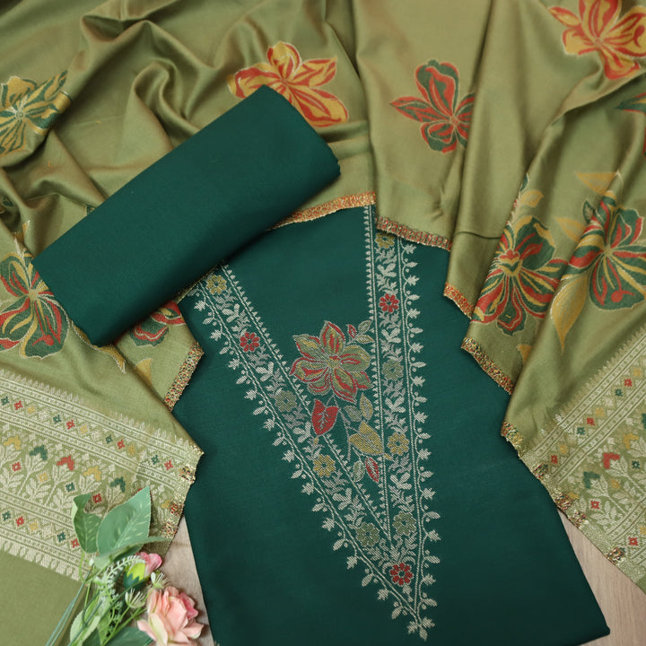 सिलसिला Dark Green Thread with Zari Neck Work Semi Pashmina Winter Suit Set