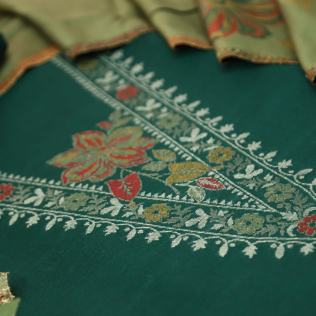 सिलसिला Dark Green Thread with Zari Neck Work Semi Pashmina Winter Suit Set