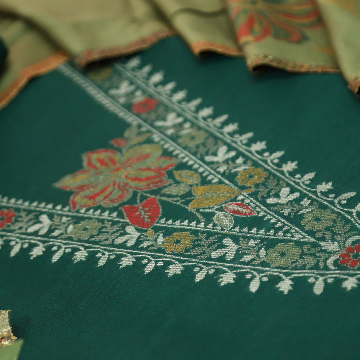 सिलसिला Dark Green Thread with Zari Neck Work Semi Pashmina Winter Suit Set