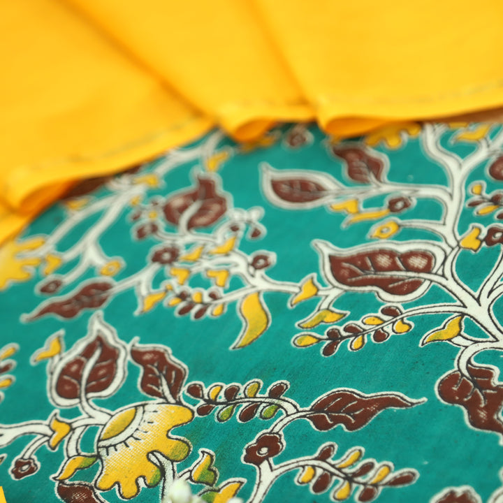 Vashudhara Prussian Teal All Over Floral Kalamkari Printed Work South Cotton Set
