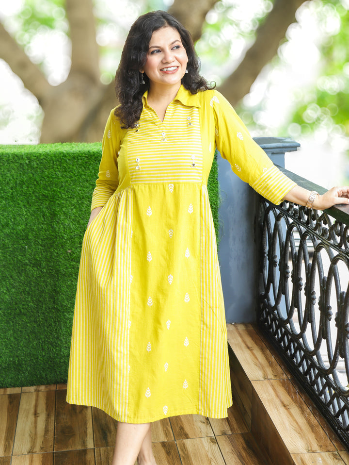 Zaira Yellow Thread Woven Panel South Cotton Dress