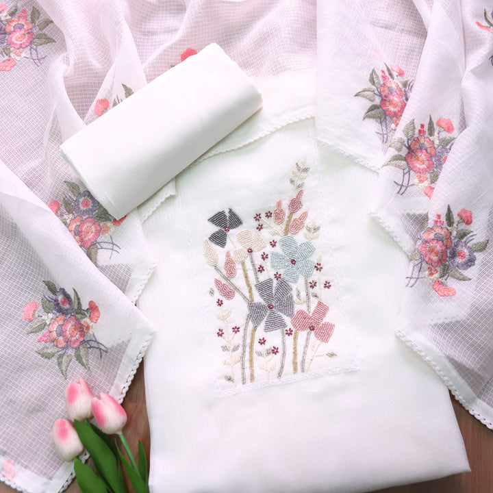 Naveli Pearl White Moti Work Neck Kota Doriya Suit Set