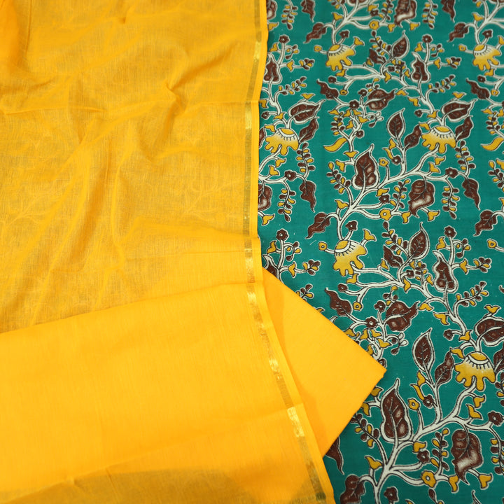 Vashudhara Prussian Teal All Over Floral Kalamkari Printed Work South Cotton Set