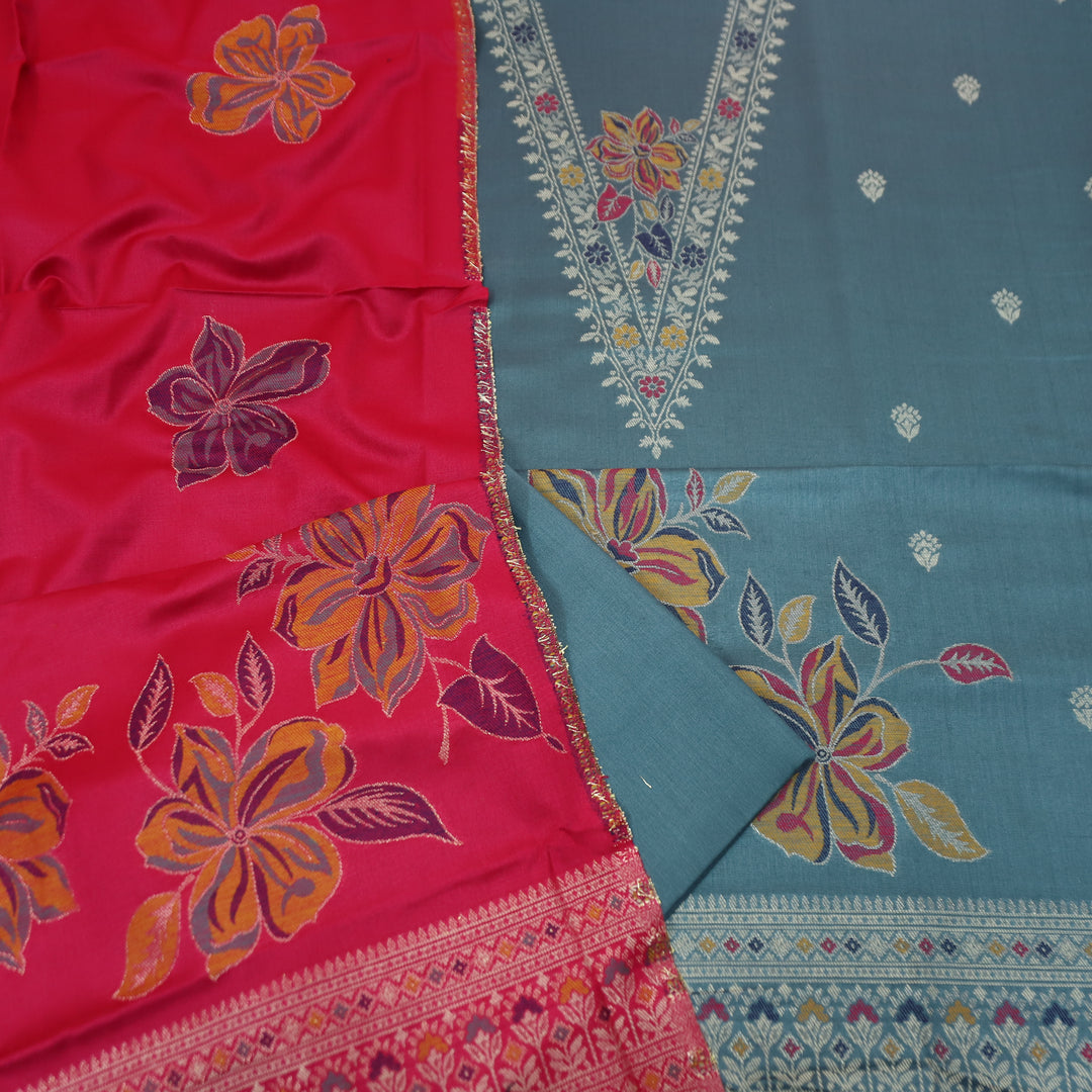 सिलसिला Chorme Grey Thread with Zari Neck Work Semi Pashmina Winter Suit Set