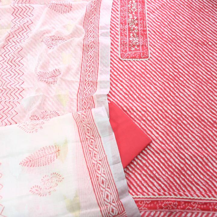 Taruni Pink Zari Work Patch Leheriya Printed Cotton Set