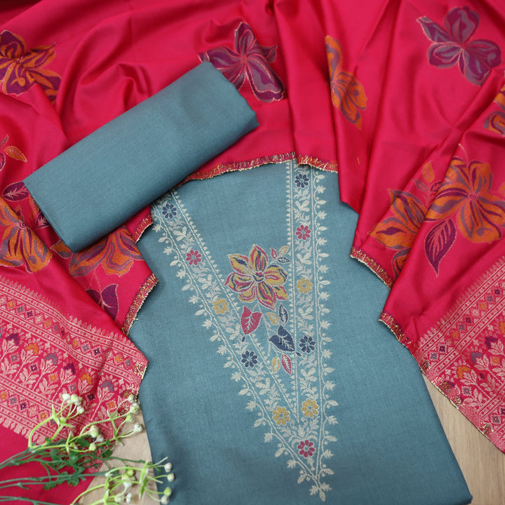 सिलसिला Chorme Grey Thread with Zari Neck Work Semi Pashmina Winter Suit Set