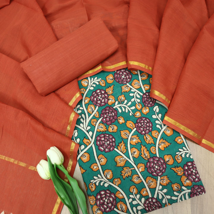 Vashudhara Prussian Teal All Over Floral Kalamkari Printed Work South Cotton Set