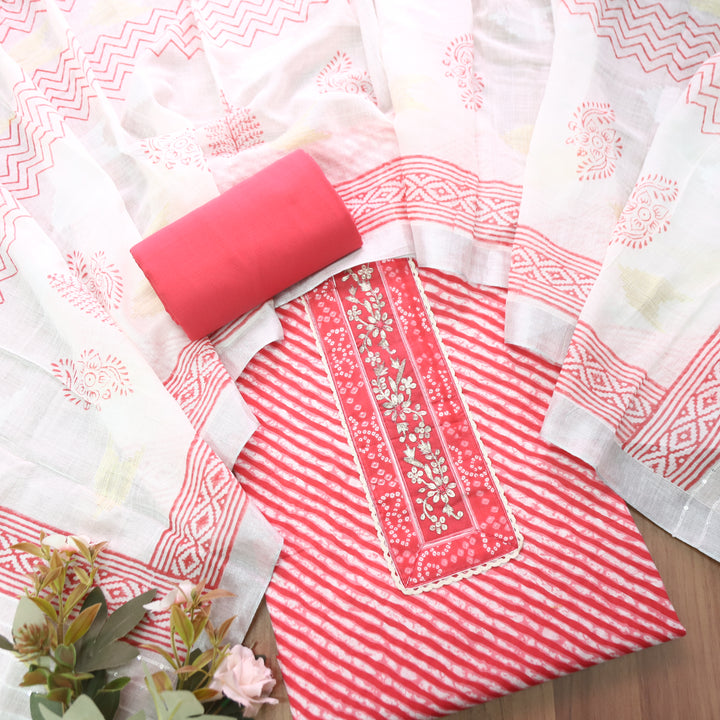 Taruni Pink Zari Work Patch Leheriya Printed Cotton Set