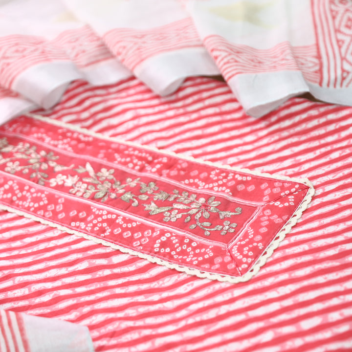 Taruni Pink Zari Work Patch Leheriya Printed Cotton Set