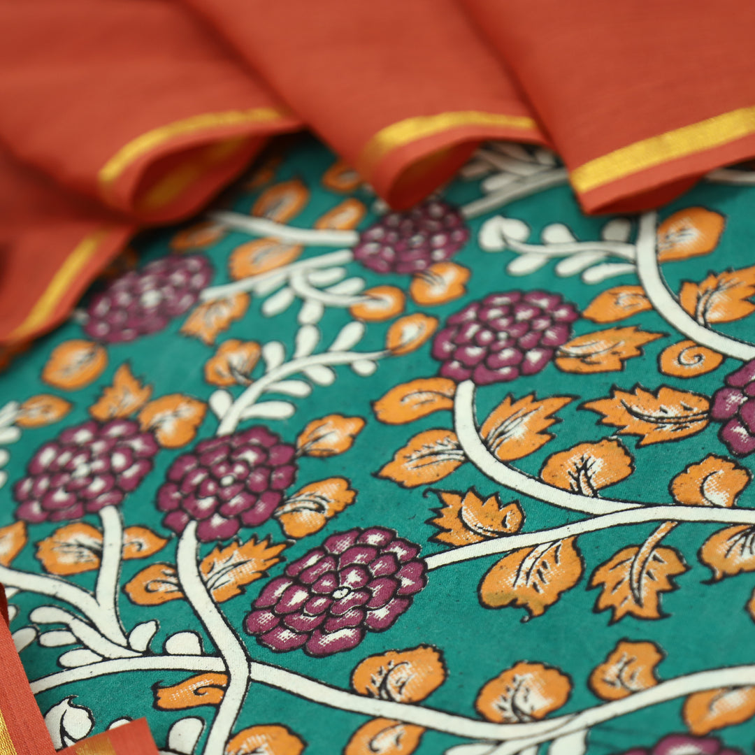 Vashudhara Prussian Teal All Over Floral Kalamkari Printed Work South Cotton Set