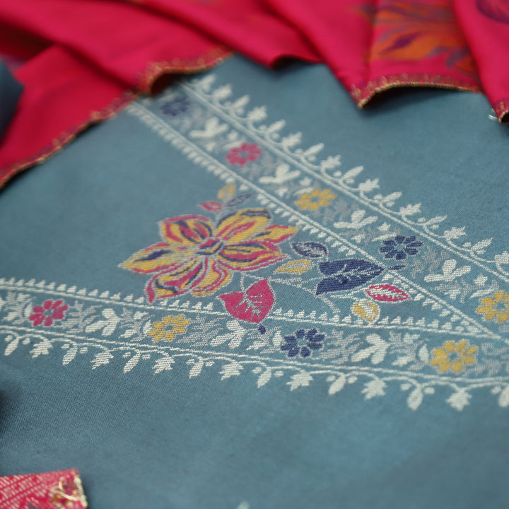 सिलसिला Chorme Grey Thread with Zari Neck Work Semi Pashmina Winter Suit Set