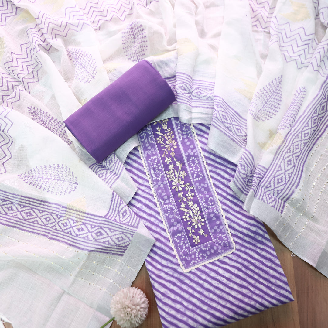 Taruni Purple Zari Work Patch Leheriya Printed Cotton Set