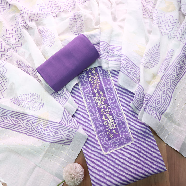 Taruni Purple Zari Work Patch Leheriya Printed Cotton Set